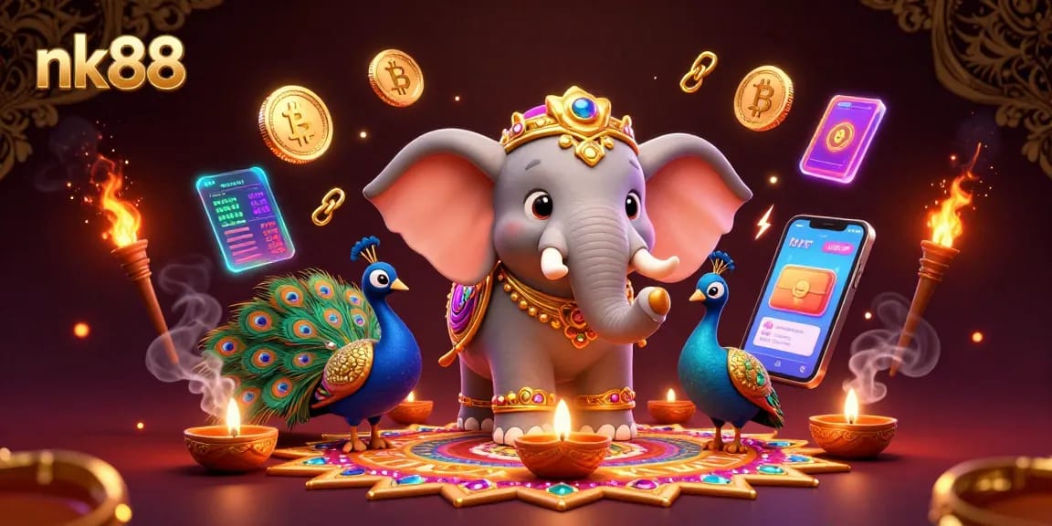 nk88 brings exciting gaming with vibrant characters and crypto elements amid captivating decorations