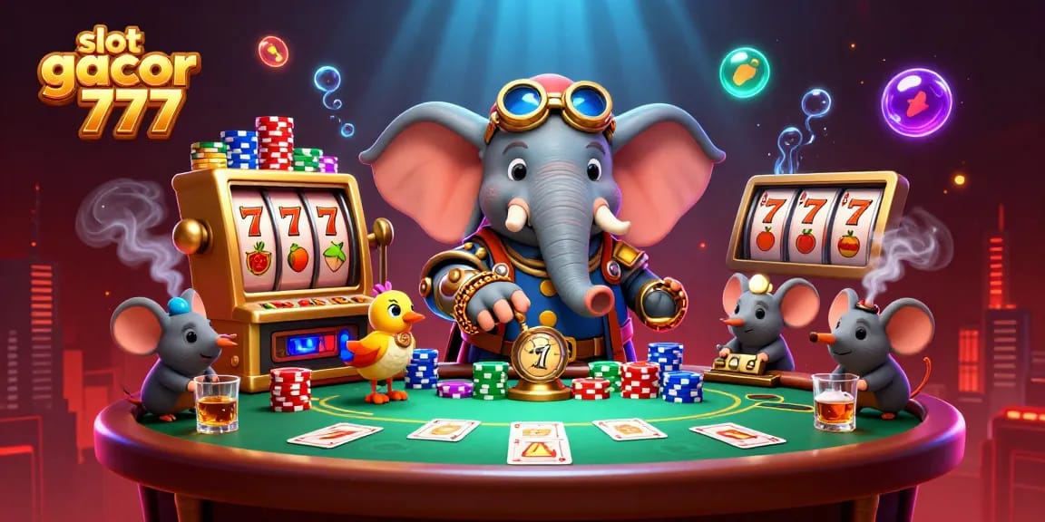 Engage with slot gacor 777 in this vibrant 3D casino scene filled with colorful poker elements.