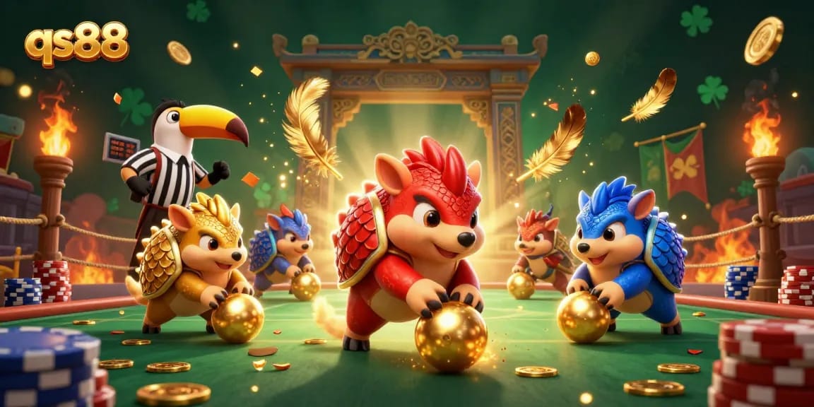 Experience the excitement of qs88 with pangolins rolling golden balls and bowling poker chips in a vibrant casino setting.