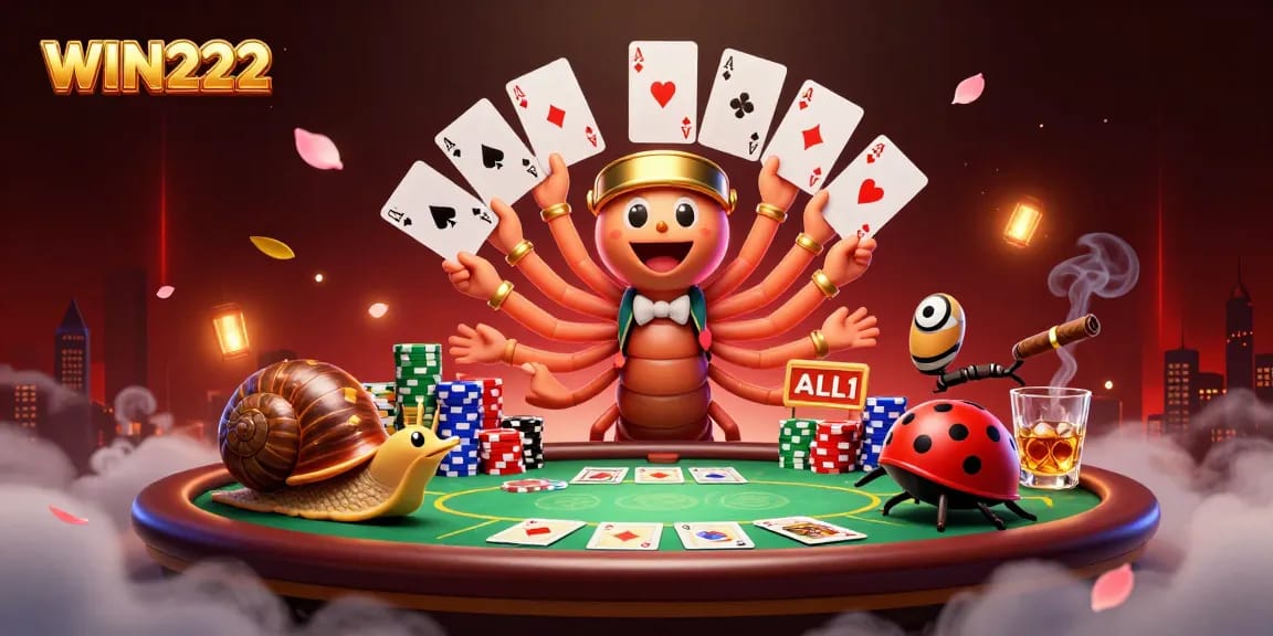 Engage with WIN222's captivating poker scene featuring unique 3D characters and vibrant gaming elements.
