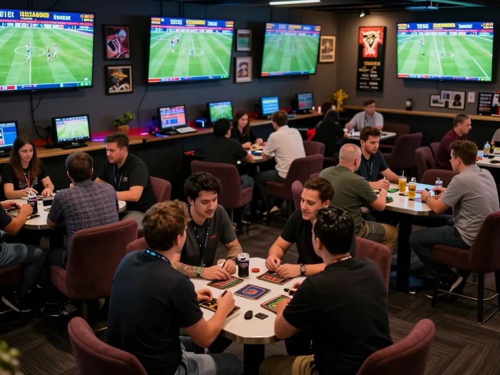 Fans engaged in football betting while watching live matches at a lively sports bar.