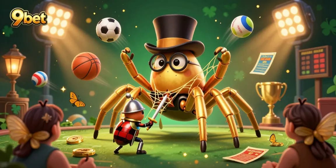 Bet on 9bet with a dynamic scene showcasing a golden tarantula, beetle knight, and sports elements.