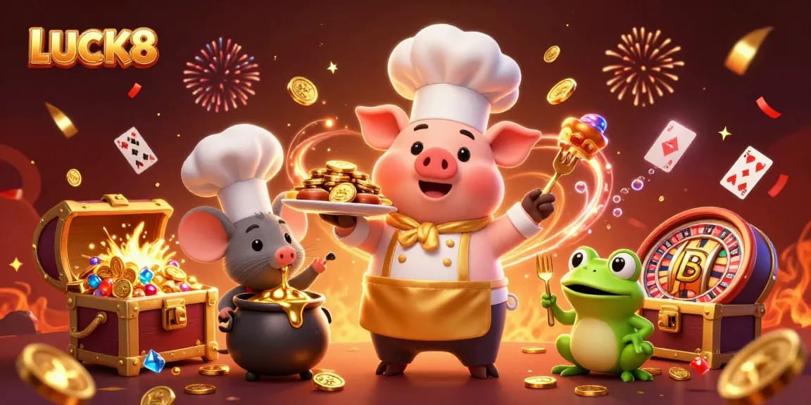 Experience winning moments at LUCK8 with vibrant characters celebrating casino success.