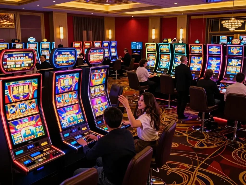 Players enjoying colorful slot machines at torxentertainment casino, rich ambiance and excitement