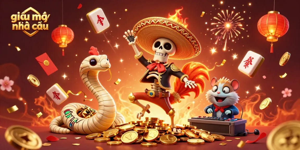 Engaging scene of giải mã nhà cái with vibrant 3D characters dancing among animated casino elements.