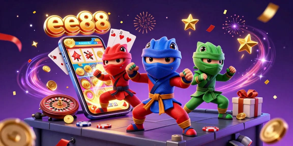Experience the excitement of ee88 through vibrant 3D chameleons, slot games, and casino elements.