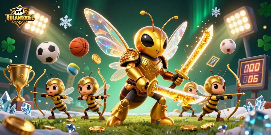 BULANTOGEL showcases an exciting 3D sports scene with a golden hornet and dynamic elements, enhancing the gambling experience.