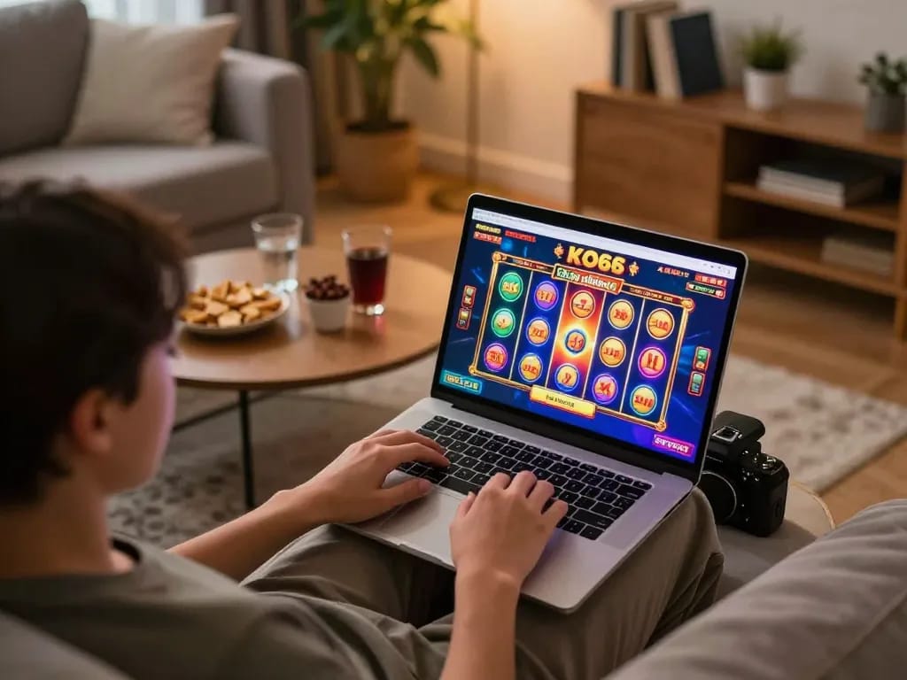 Access Đăng nhập KO66 using laptop to enjoy thrilling online gaming in a cozy living room