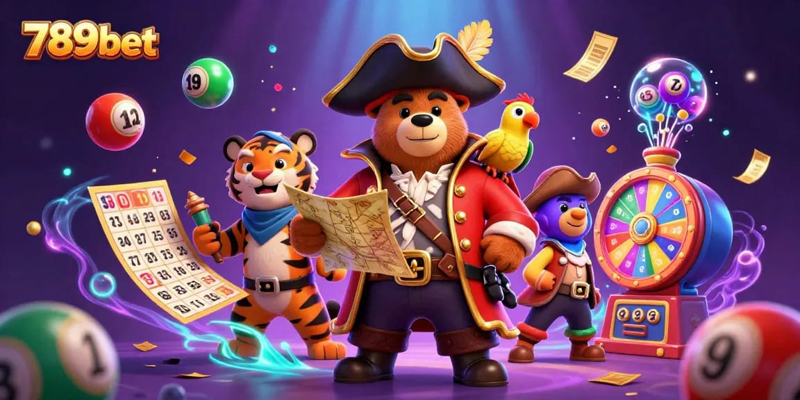 Engage in thrilling casino action with 789bet’s vibrant lottery scene featuring a pirate bear, tiger, and parrot.
