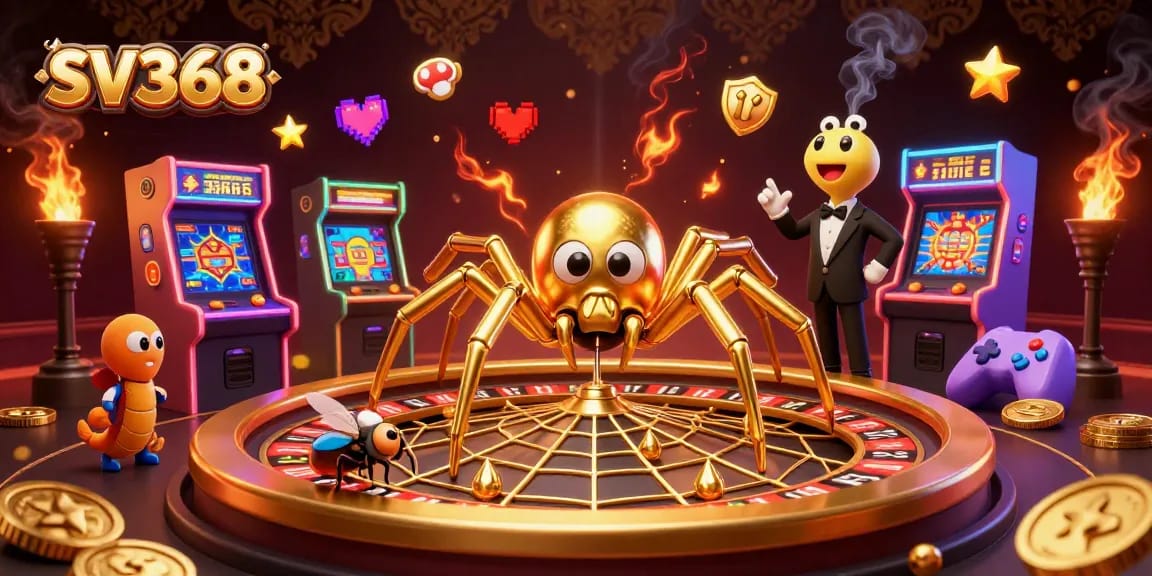 Experience thrilling bets at SV368 with a golden roulette wheel and lively gaming scene.