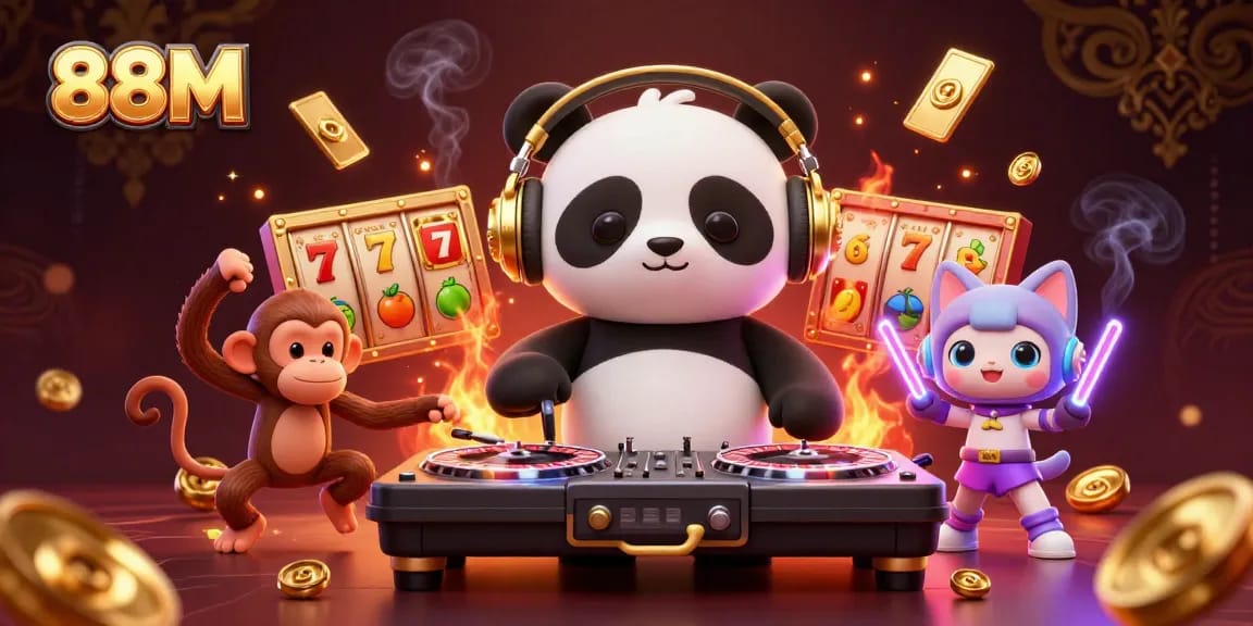 Engage with 88M gaming thrill through an electrifying casino party scene with vibrant characters.