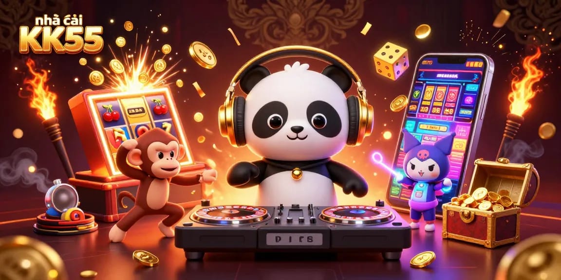 Experience the excitement at nhà cái KK55 with vibrant casino characters and game elements.