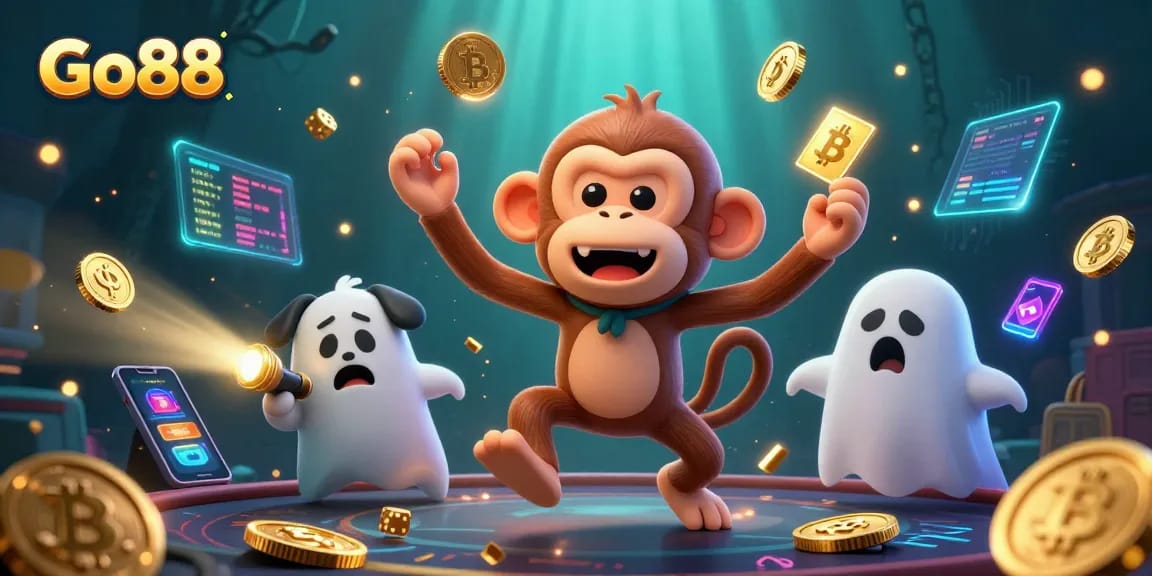 Go88 reveals a whimsical ghost-hunter scene with a mischievous monkey juggling coins.