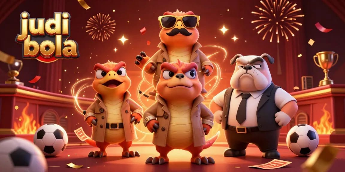 Bet on judi bola with excitement in a lively casino scene featuring raptors and a bulldog bouncer.
