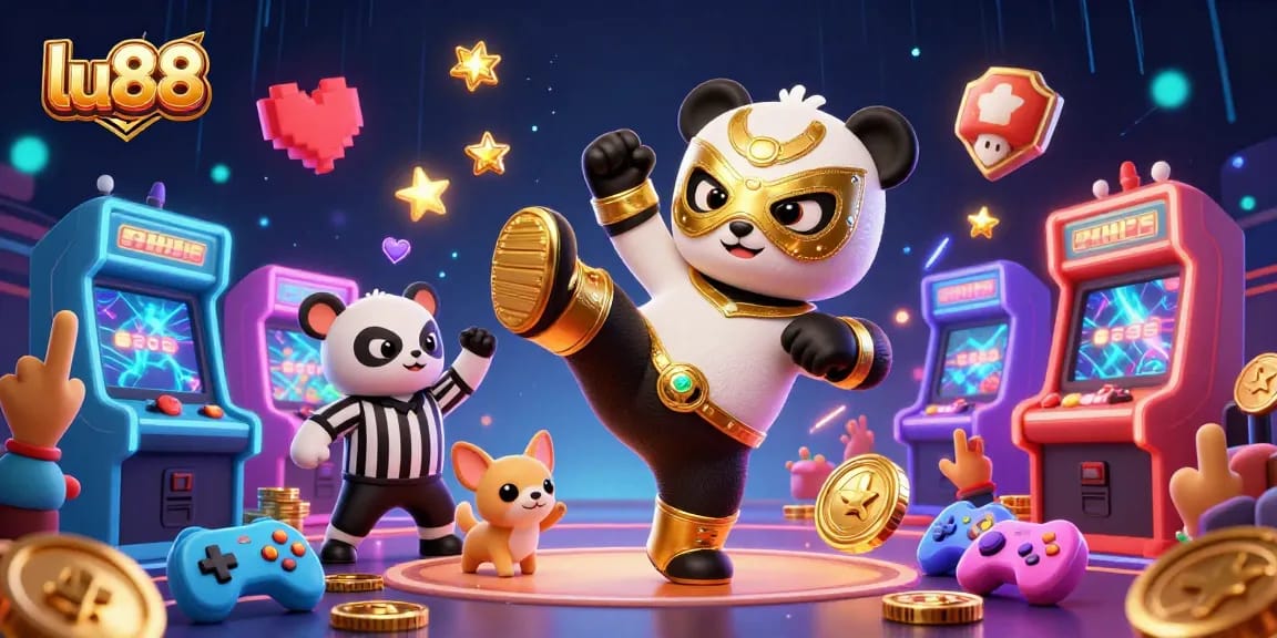Experience the excitement of lu88 with a cartoon panda wrestler and vibrant gaming elements in a casino setting.