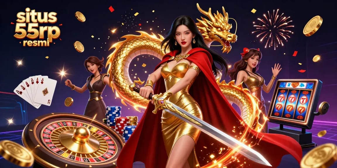 Play exciting games with situs 55rp resmi featuring a warrior queen and golden treasures in a vibrant casino scene.