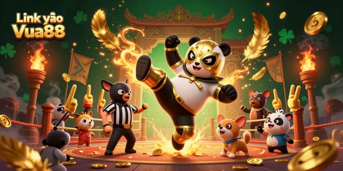 Link vào Vua88 celebrates victory with a flying panda wrestler amidst cheering animal fans and golden coins.