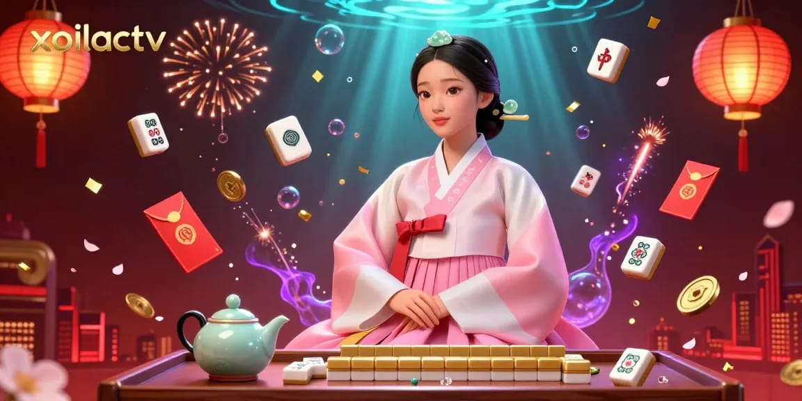 Xoilactv brings the excitement of online gambling with a serene elegant Asian woman in traditional attire amidst a festive casino scene.