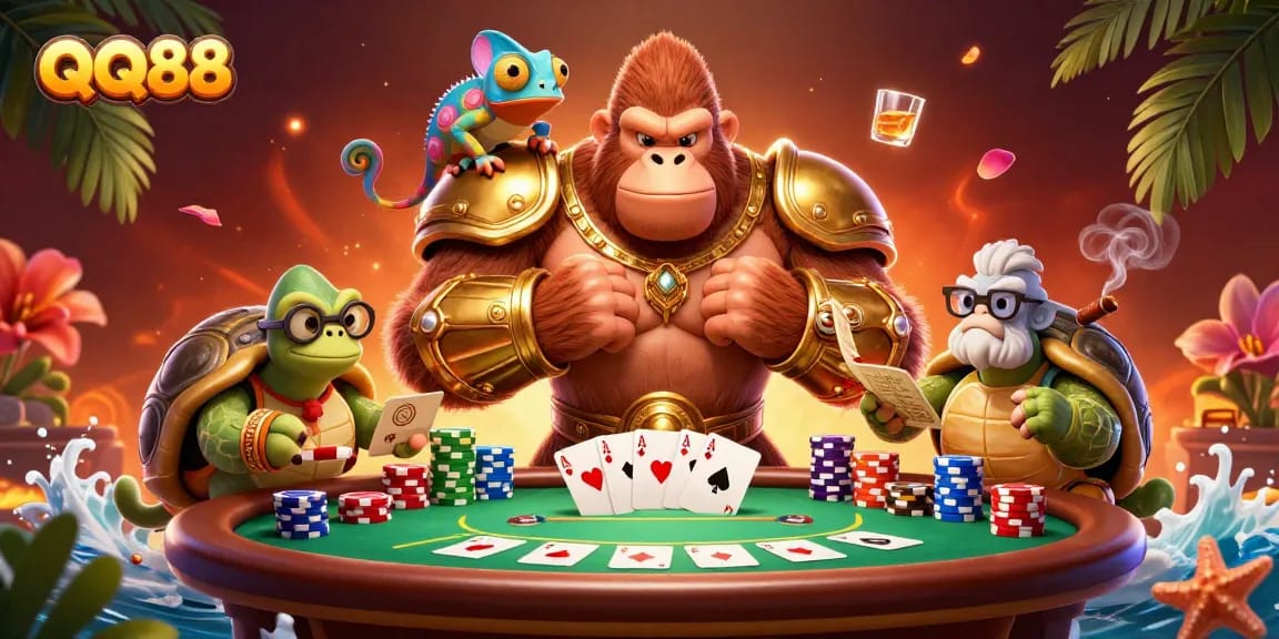 Engage in thrilling action with QQ88 featuring a gorilla king, chameleon, and tortoise on a vibrant casino scene.