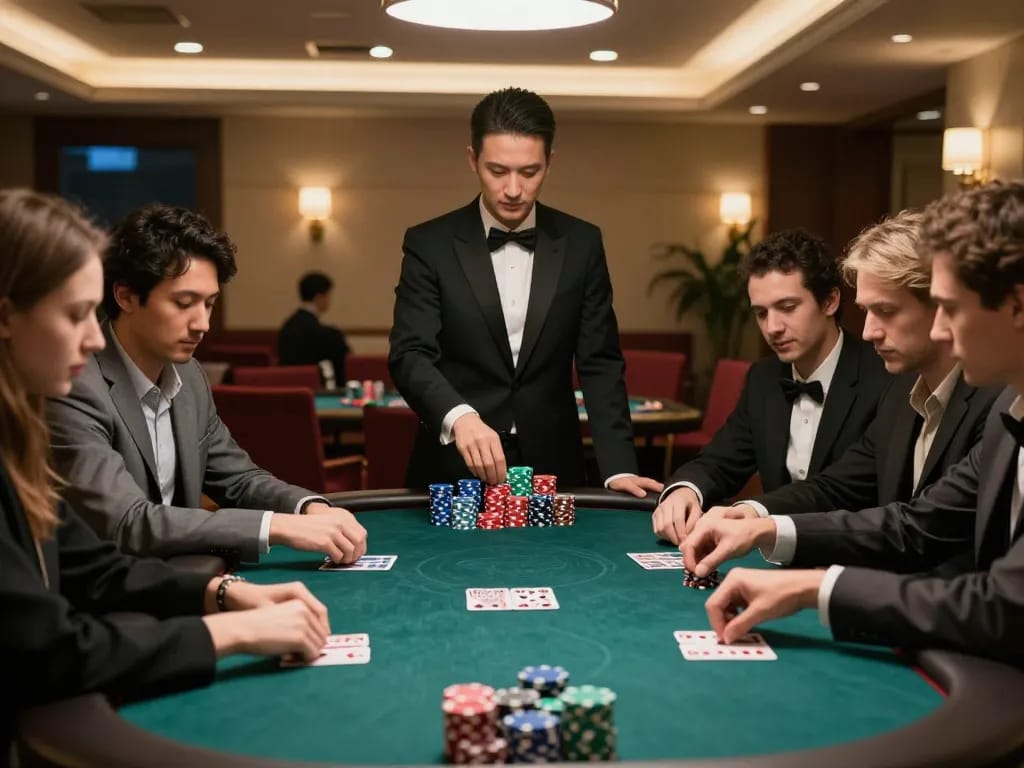 Players strategizing with chips at a 98win poker table in a vibrant casino atmosphere