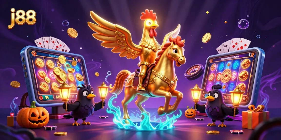 Experience the thrill of j88 with an enchanting casino scene of a golden rooster and friends.