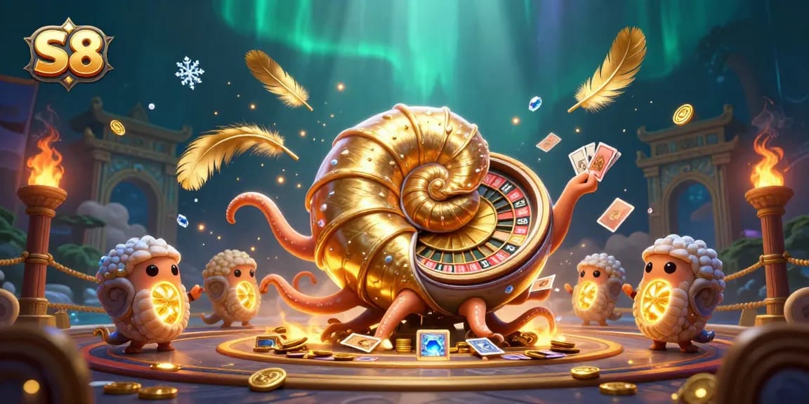 S8 players engage in thrilling casino action with a giant nautilus roulette wheel, vibrant gaming elements.