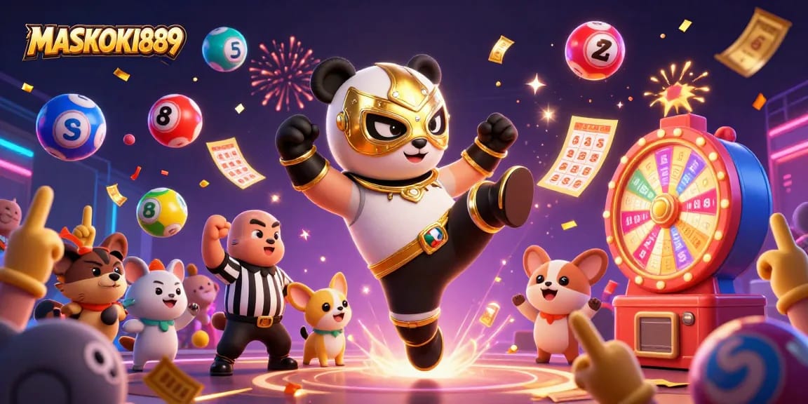 Experience the excitement of MASKOKI889 with a panda wrestler and animal fans celebrating in a vibrant casino scene.