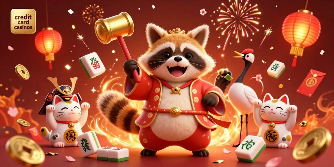 Spin and win at credit card casinos with cheerful raccoon characters and festive decor.