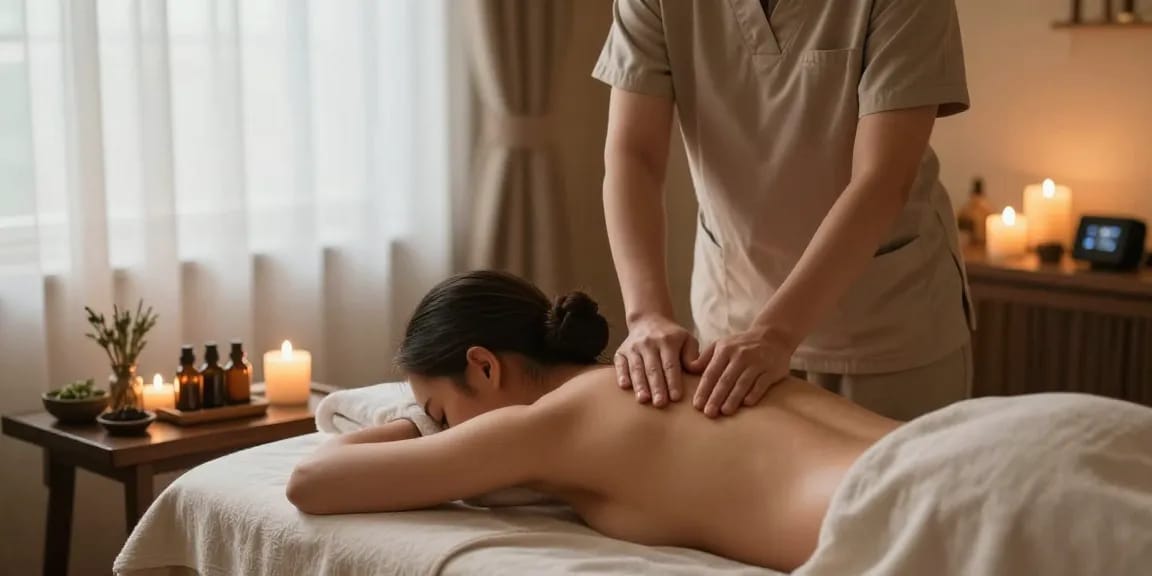 Relaxing 스웨디시 massage therapy in a serene spa setting with candles and essential oils.
