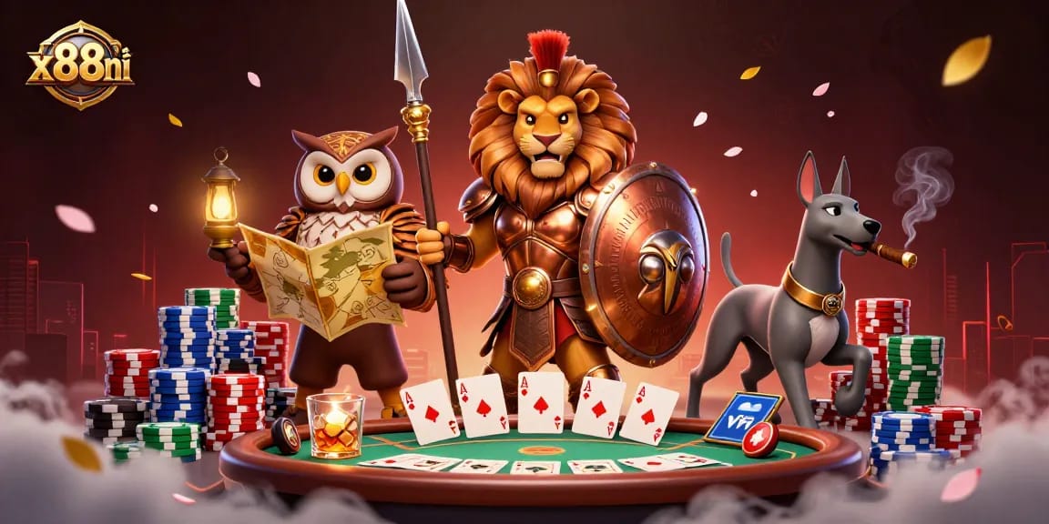 x88ni players engage in poker action at a vibrant, dynamic casino scene.