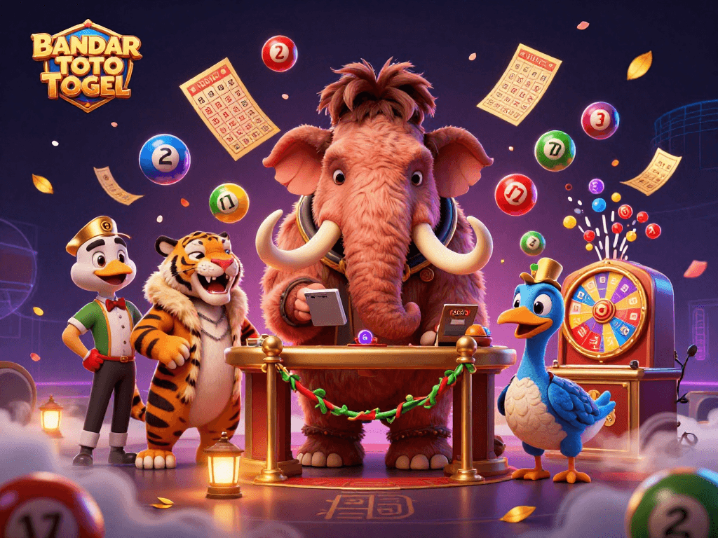 Engage with BANDAR TOTO TOGEL, featuring a casino scene with playful characters and vibrant gaming elements