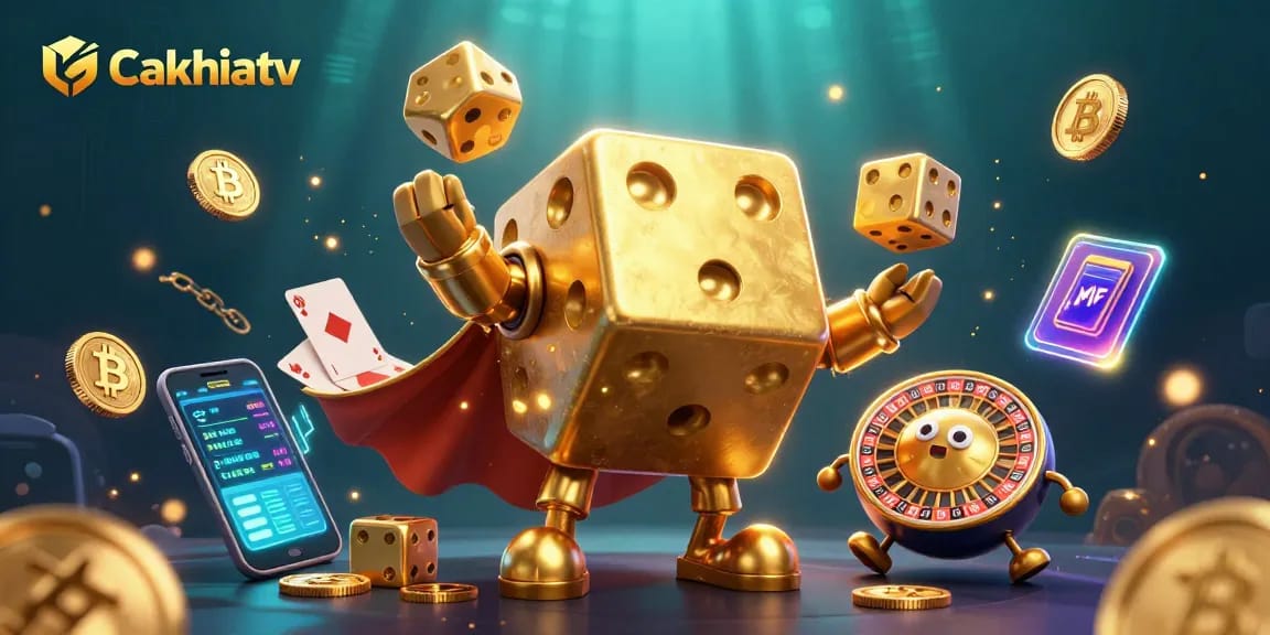 Experience thrilling moments at Cakhiatv with a vibrant 3D illustration showcasing dynamic golden dice and blockchain elements.