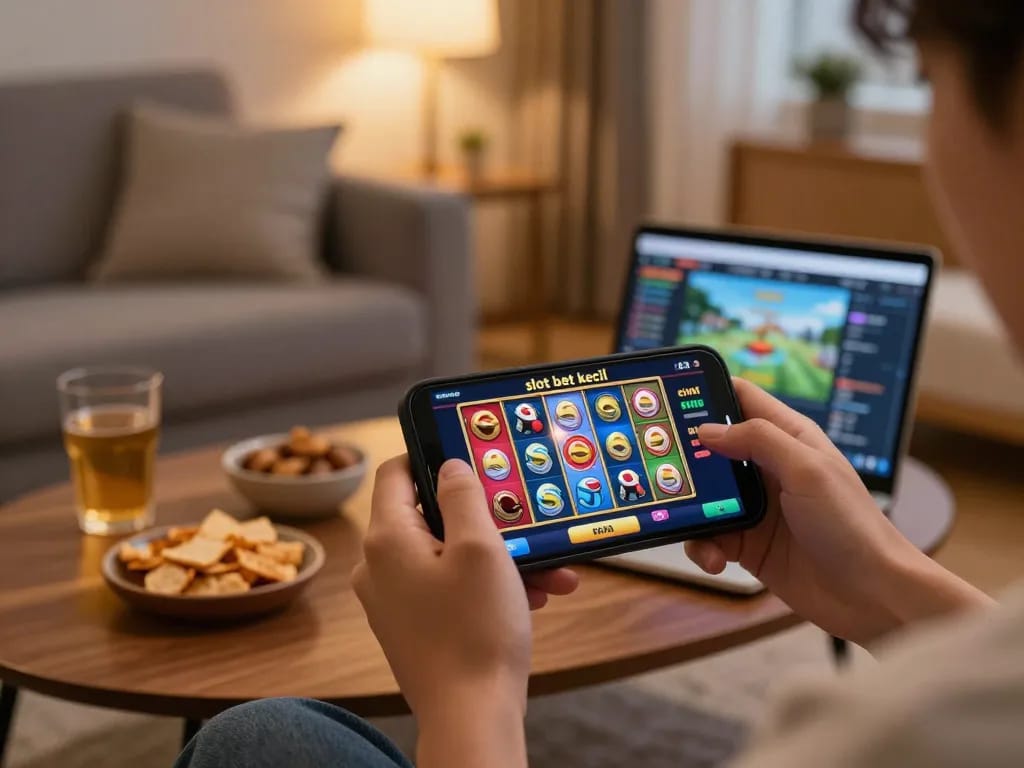 Experience the thrill of slot bet kecil with a mobile gaming setup in a cozy living room.