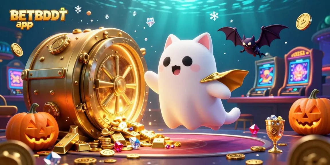 Engage with the BETBDT app in this vibrant 3D casino illustration filled with games and treasures.