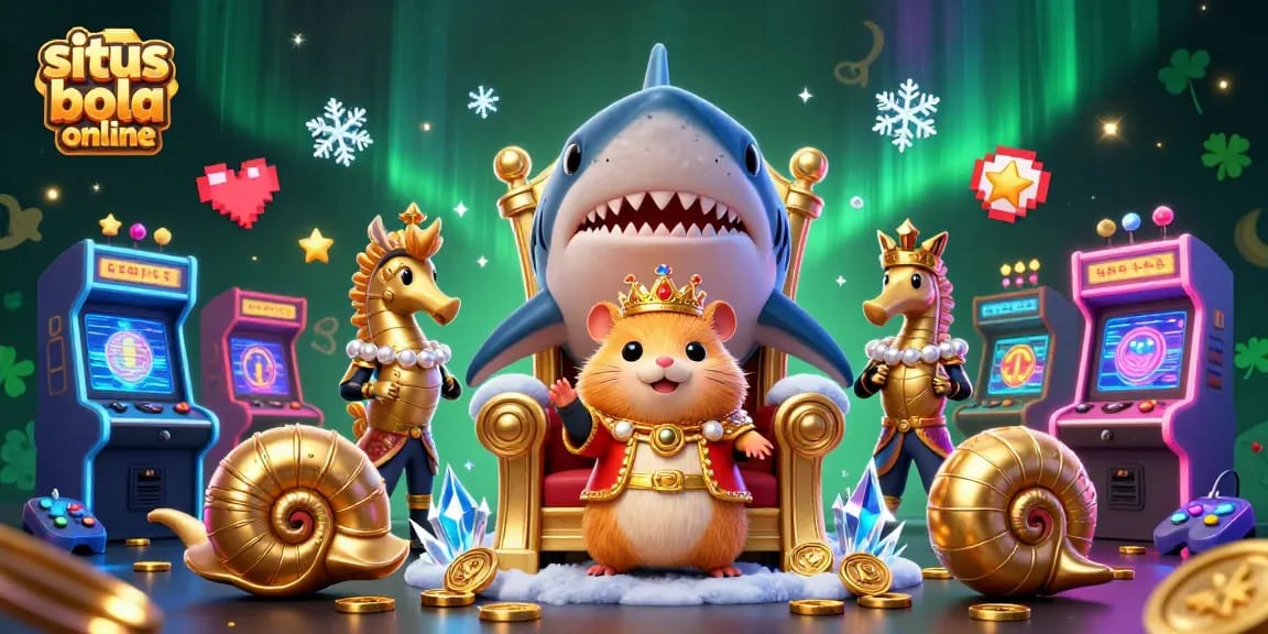 Experience the excitement of situs bola online with a vibrant 3D scene featuring a fierce hamster king and gaming elements.