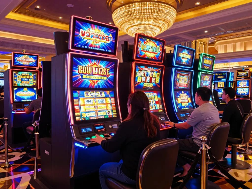 Players engaging on exciting slot machines at 8kbetbh in a lavish casino setting