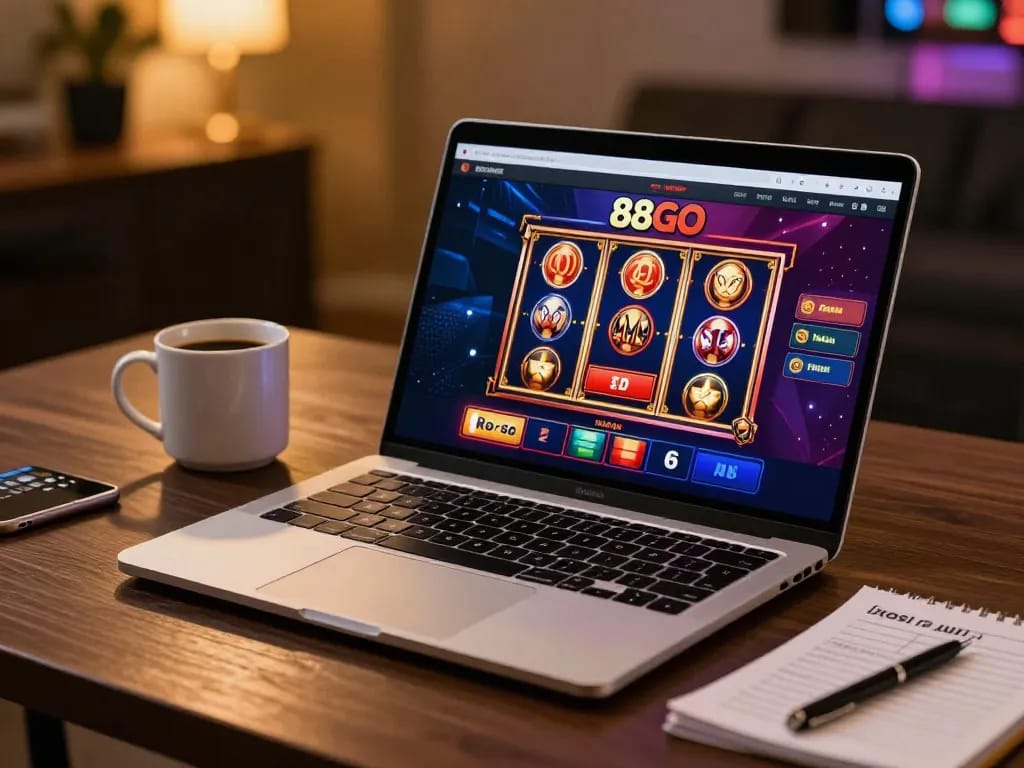 Person engaging in online gaming on 88GO casino platform with vibrant visuals and strategic notes.