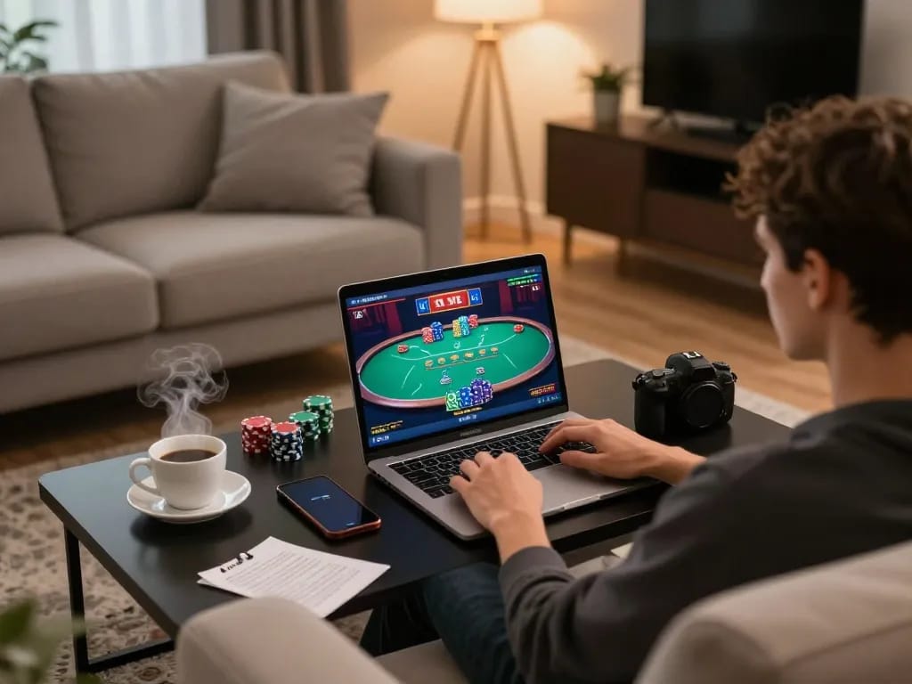 Engaging online gaming session at trang chủ tt88, featuring poker gameplay on a laptop in a cozy home atmosphere.