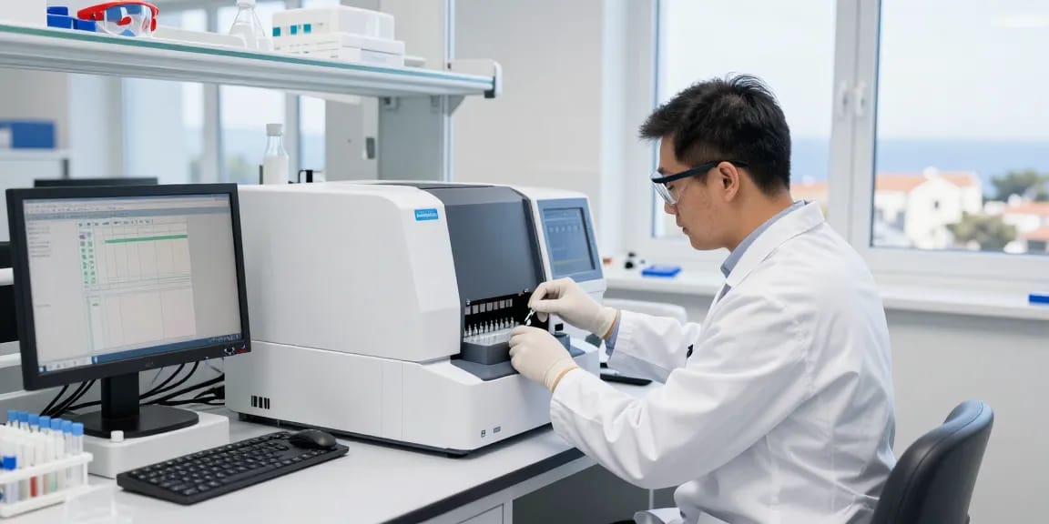 Aegean Labs scientist conducting peptide analysis with HPLC equipment in a bright lab setting