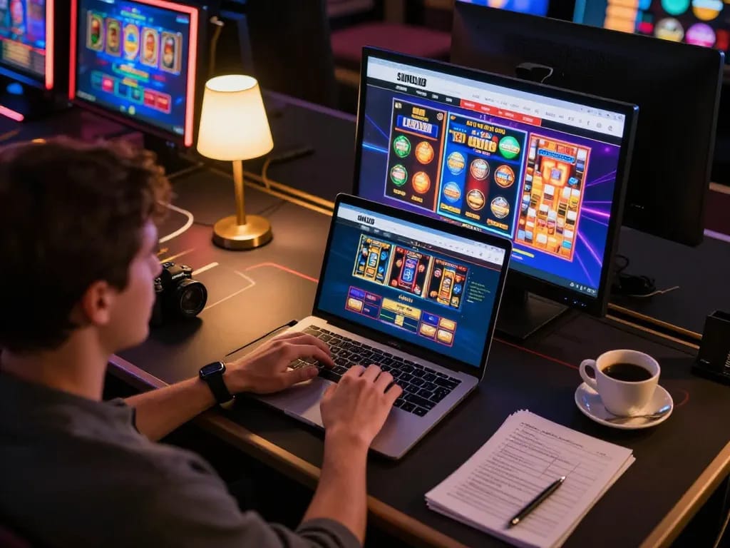 Engaging online gaming session on sumclub with vibrant slot machine displays and strategic notes visible