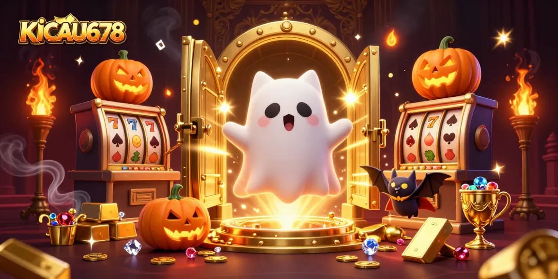 KICAU678 offers an enchanting glimpse into a haunted casino filled with vibrant characters and slot reels.