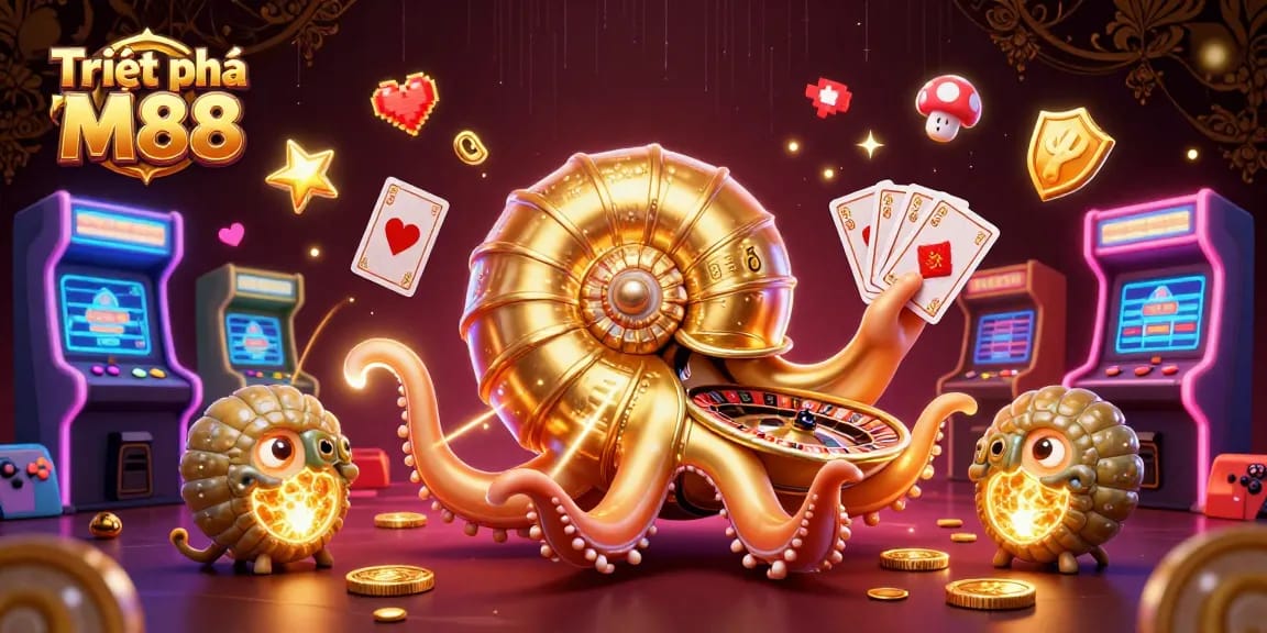 Triệt phá M88 showcases dynamic casino gaming action with a giant nautilus roulette wheel and vibrant arcade elements.