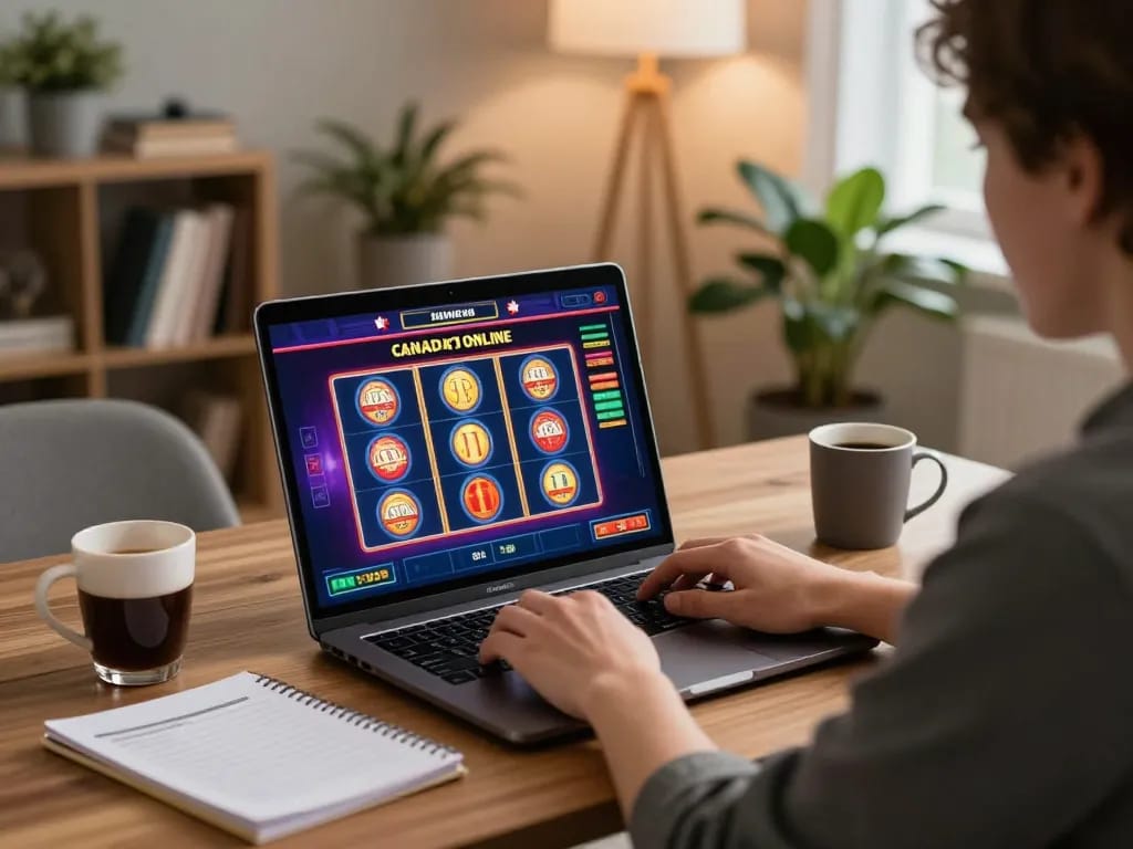 Playing casino games through Canadian online casinos at home with a laptop.