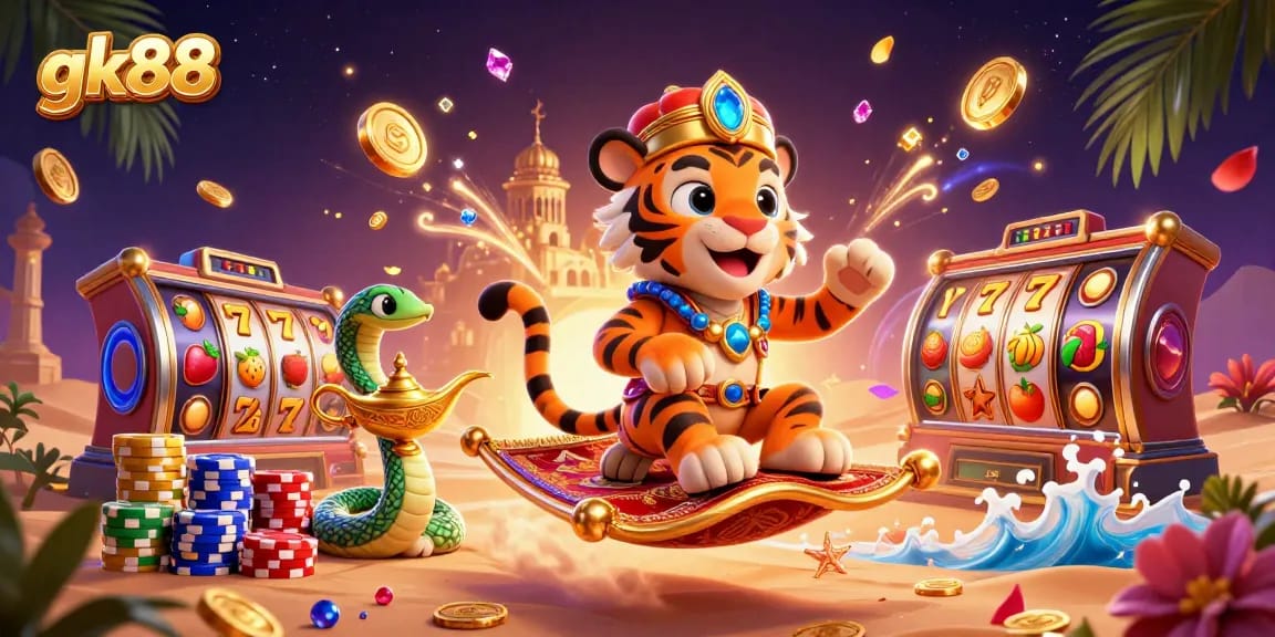 Sống động hóa hình ảnh chơi game gk88 trên nền những đồng vàng và vòng quay jackpot nổi bật.