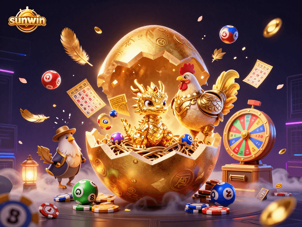 The sunwin gaming scene showcases a dazzling baby dragon on poker chips, dynamic lottery balls, and vibrant casino elements.