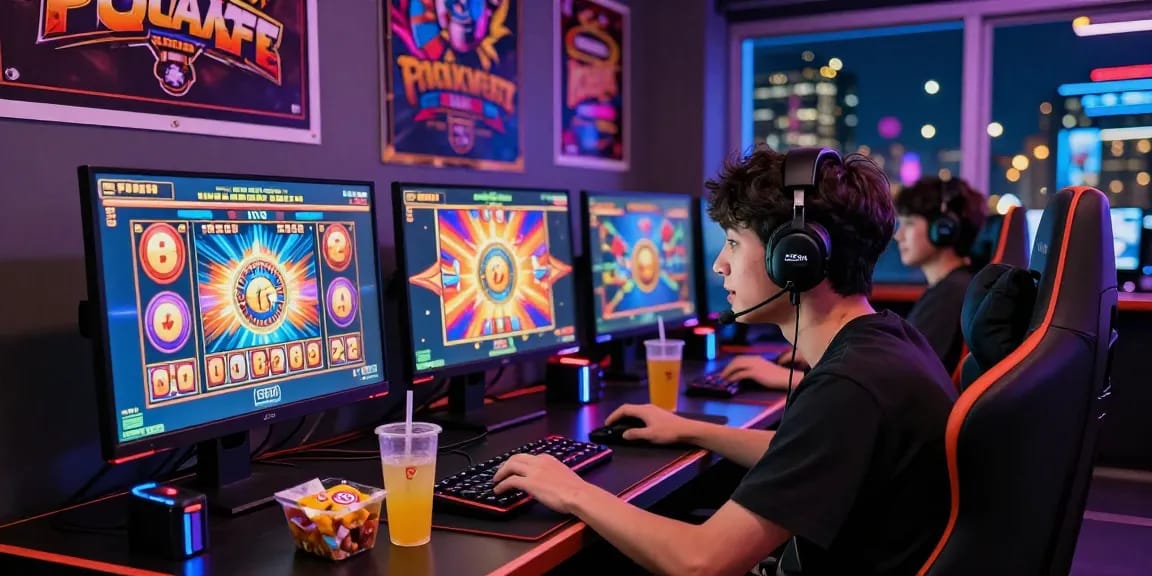 Engaged player enjoying สล็อต666 gaming experience at their colorful gaming setup, surrounded by snacks and vibrant decor.