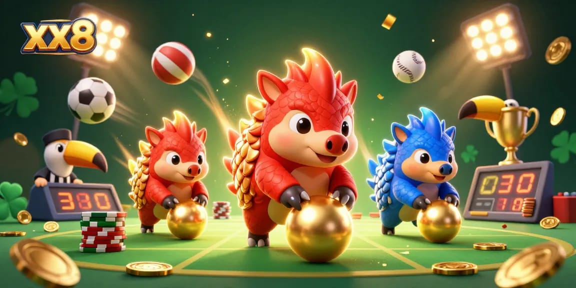 Experience the thrill of xx88 casino as rival pangolins bowl through poker chips in a festive 3D scene.
