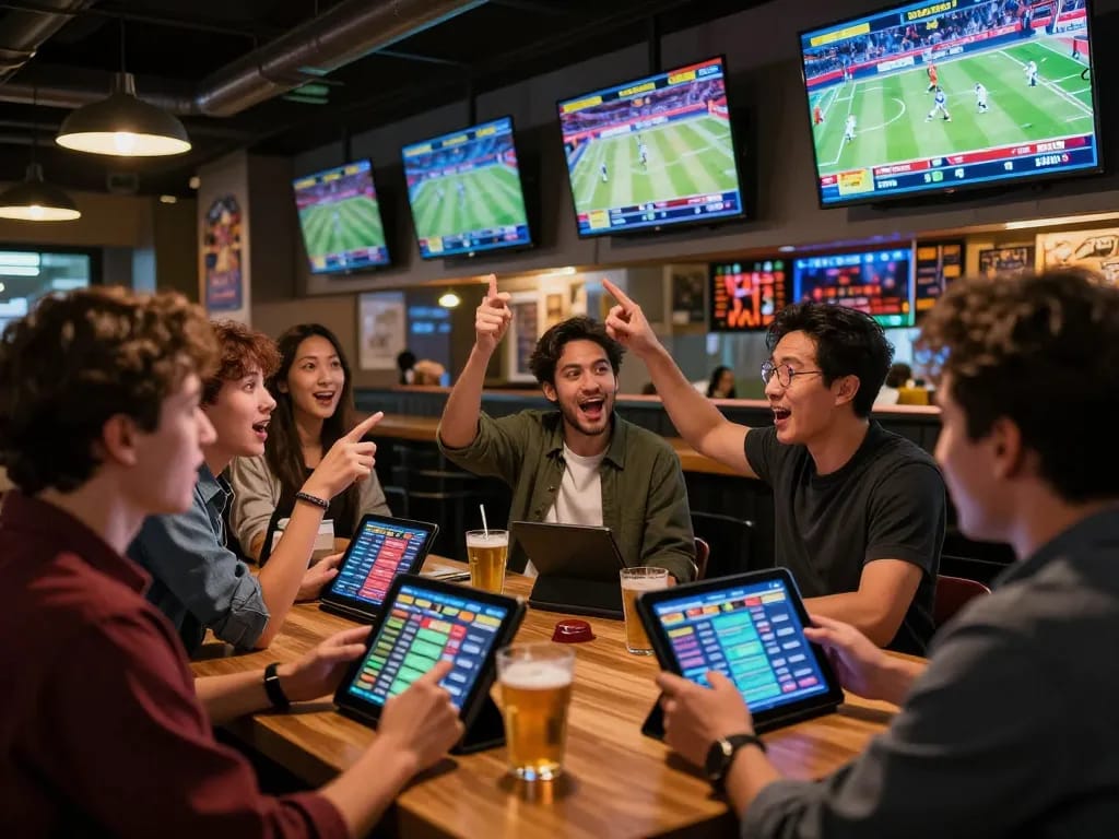 Engage in sports betting excitement with gg88 as friends analyze live odds and events in a bustling sports bar.