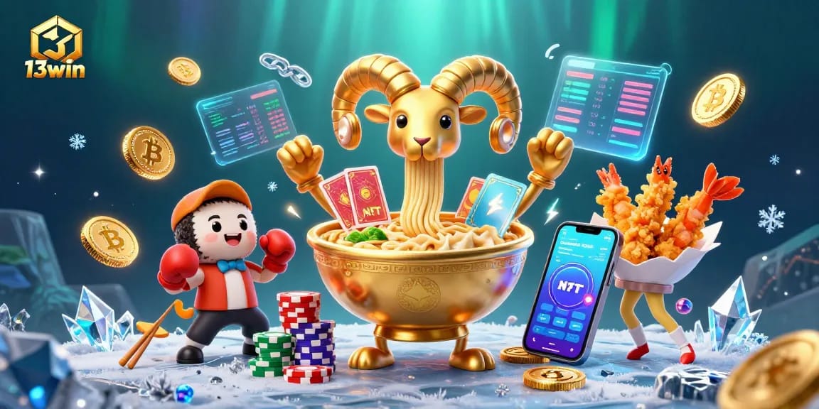 Experience the vibrant action at 13win with animated casino characters dealing cards while surrounded by crypto elements.