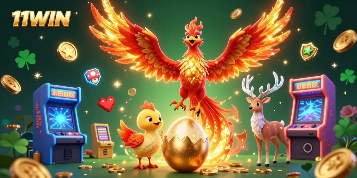 Experience the vibrant allure of 11WIN with a dynamic illustration featuring a blazing phoenix and casino game elements.